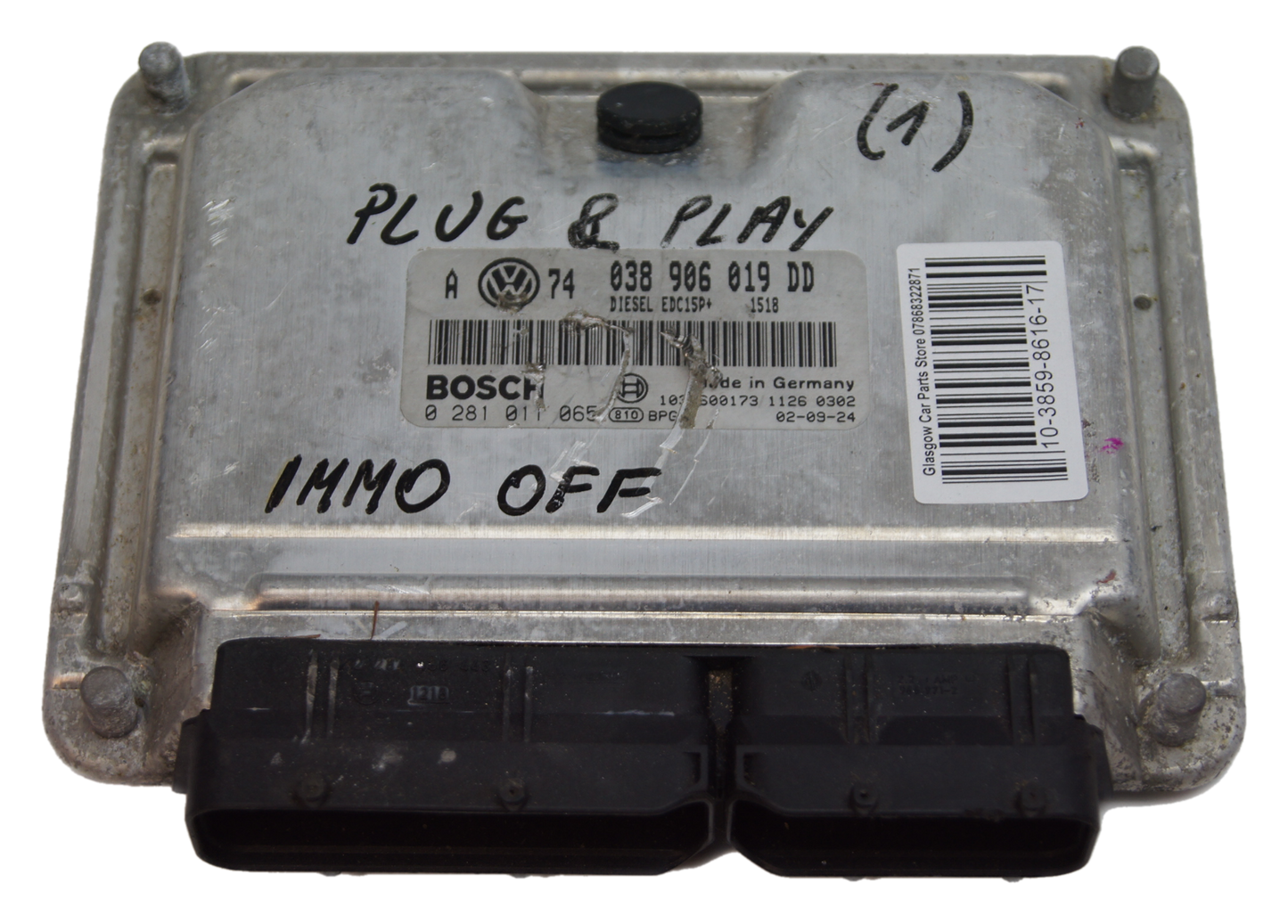 VW ECU 038906019DD 0281011065 IMMO OF PLUG AND PLAY. - Glasgow Car Parts Store