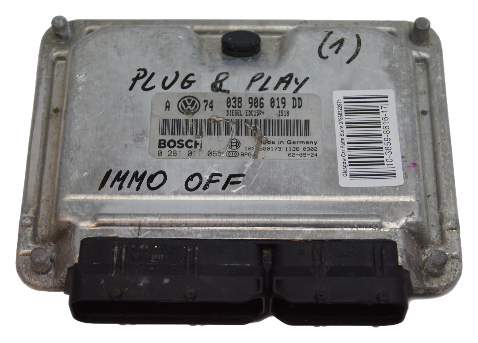 VW ECU 038906019DD 0281011065 IMMO OF PLUG AND PLAY. - Glasgow Car Parts Store