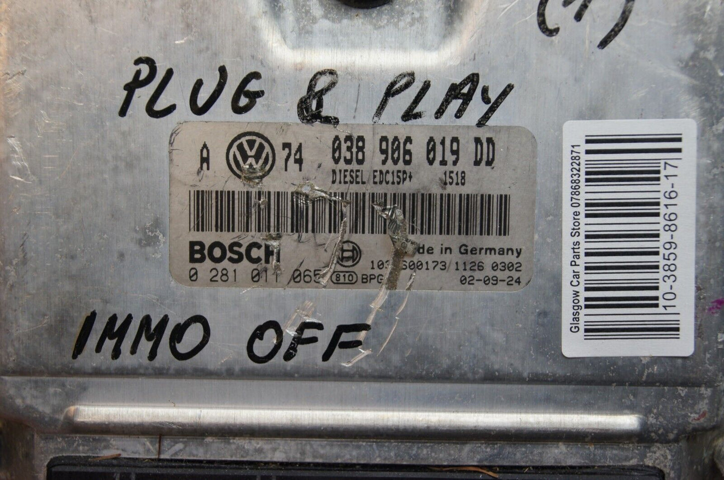 VW ECU 038906019DD 0281011065 IMMO OF PLUG AND PLAY. - Glasgow Car Parts Store