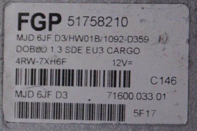 ECU FIAT DOBLO 51758210 MJD6JF.D3/HW01B SELFCODING .VIRGIN, - Glasgow Car Parts Store