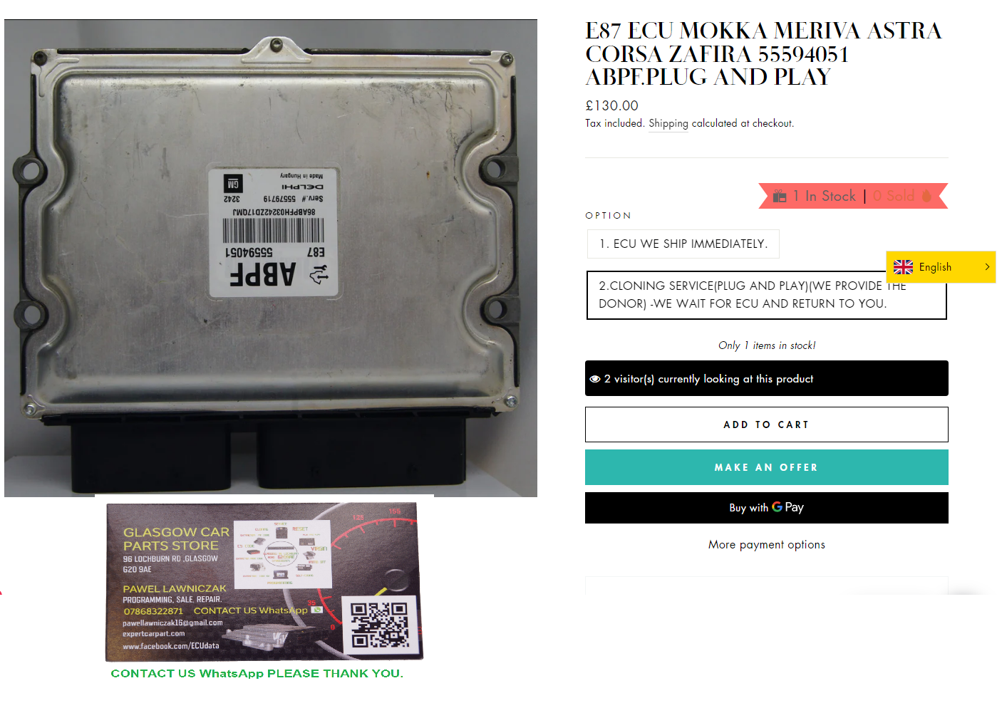 E87 ECU MOKKA MERIVA ASTRA CORSA ZAFIRA 55594051 ABPF.PLUG AND PLAY - Glasgow Car Parts Store