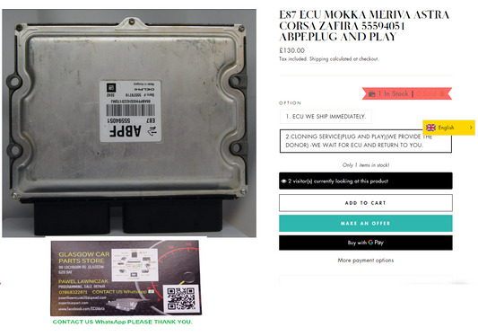 E87 ECU MOKKA MERIVA ASTRA CORSA ZAFIRA 55594051 ABPF.PLUG AND PLAY - Glasgow Car Parts Store