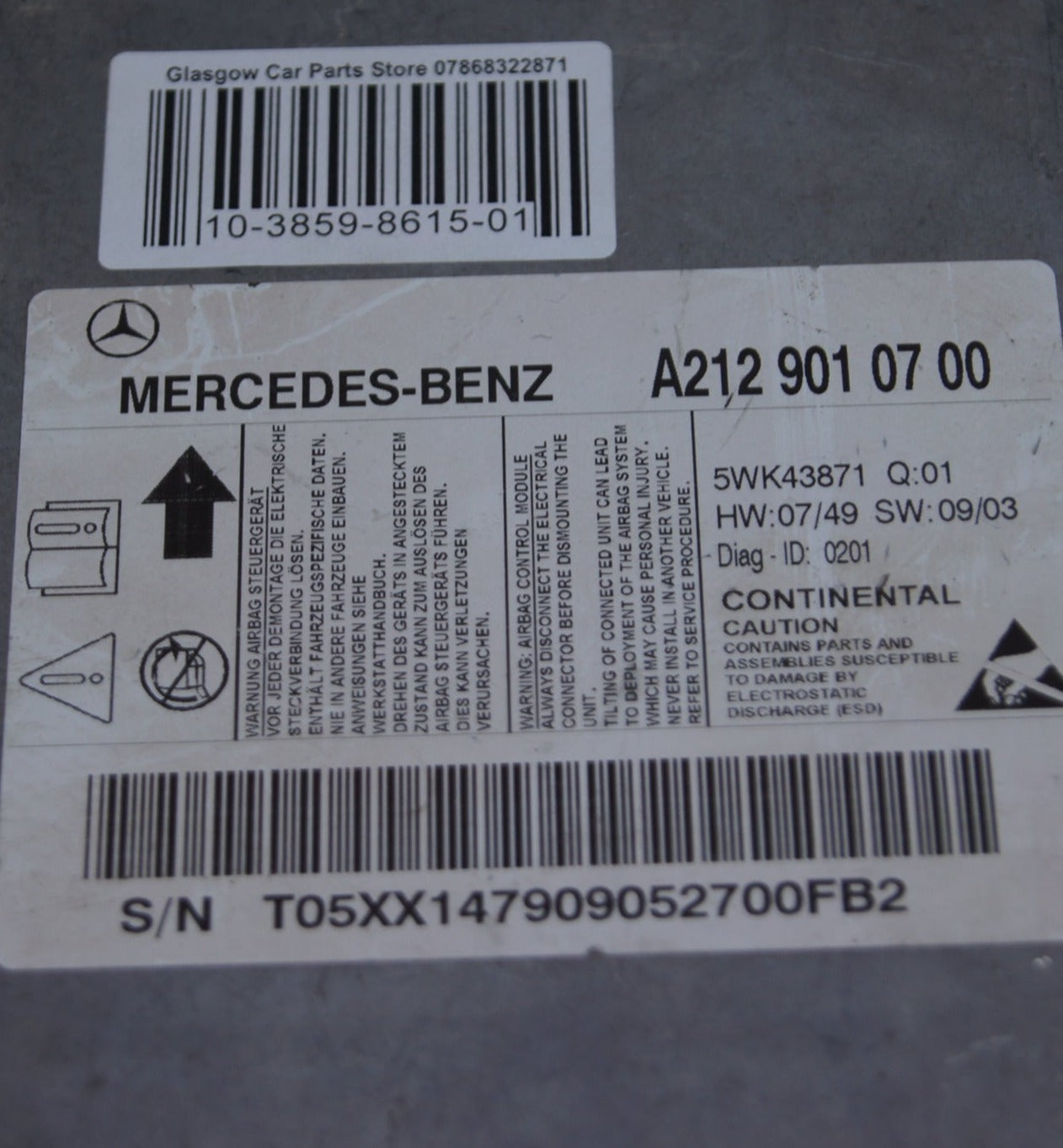 Mercedes E-CLASS W212 E250 2.1 CDI Airbag module srs A2129010700 - Glasgow Car Parts Store