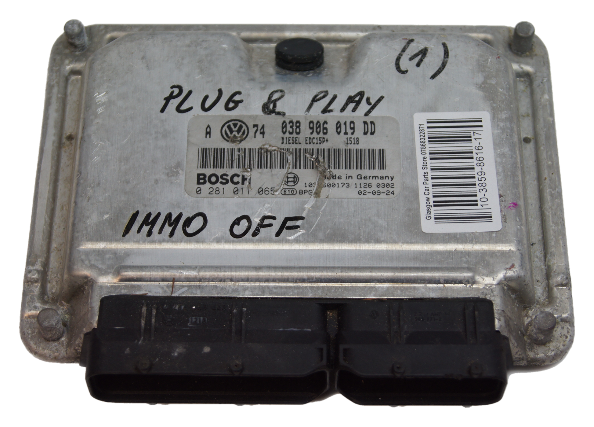 VW ECU 038906019DD 0281011065 IMMO OF PLUG AND PLAY. - Glasgow Car Parts Store