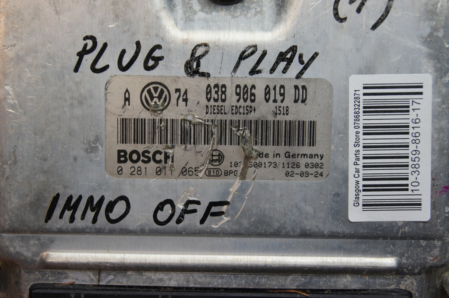 VW ECU 038906019DD 0281011065 IMMO OF PLUG AND PLAY. - Glasgow Car Parts Store