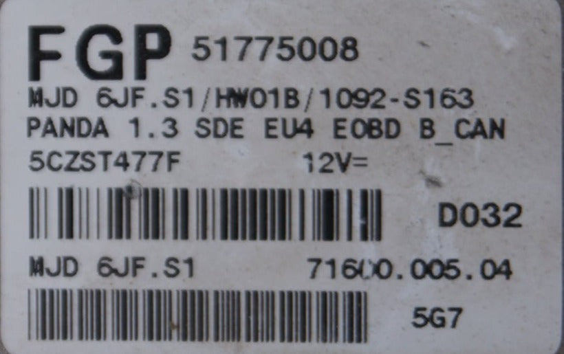 Fiat Panda 1.3 ECU MJD6JF.S1 / HW01B 51775008 PLUG AND PLAY SELF-CODING.