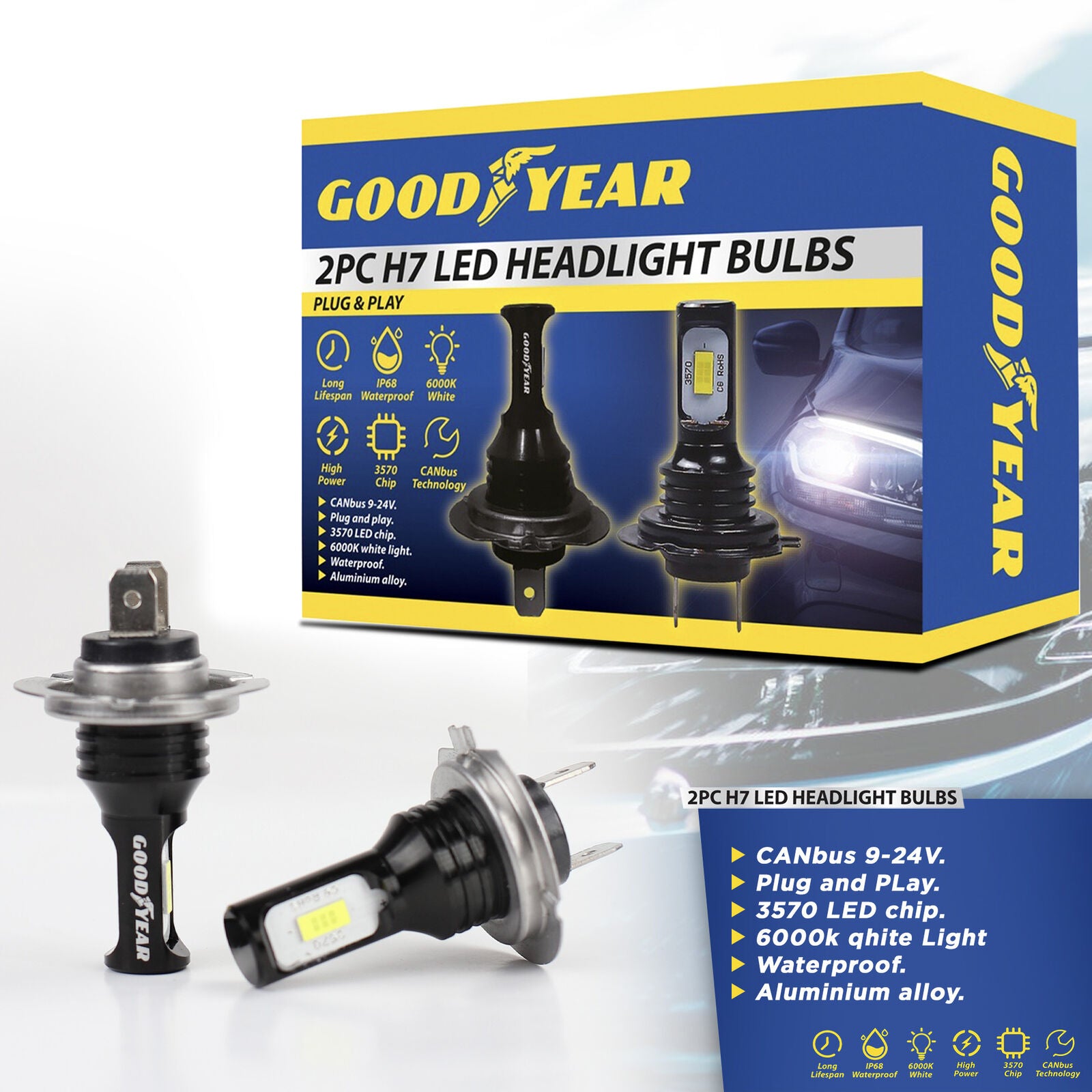 Goodyear 2 X H7 LED Car Headlight Bulbs Plug Play 6000K Canbus Replace Xenons