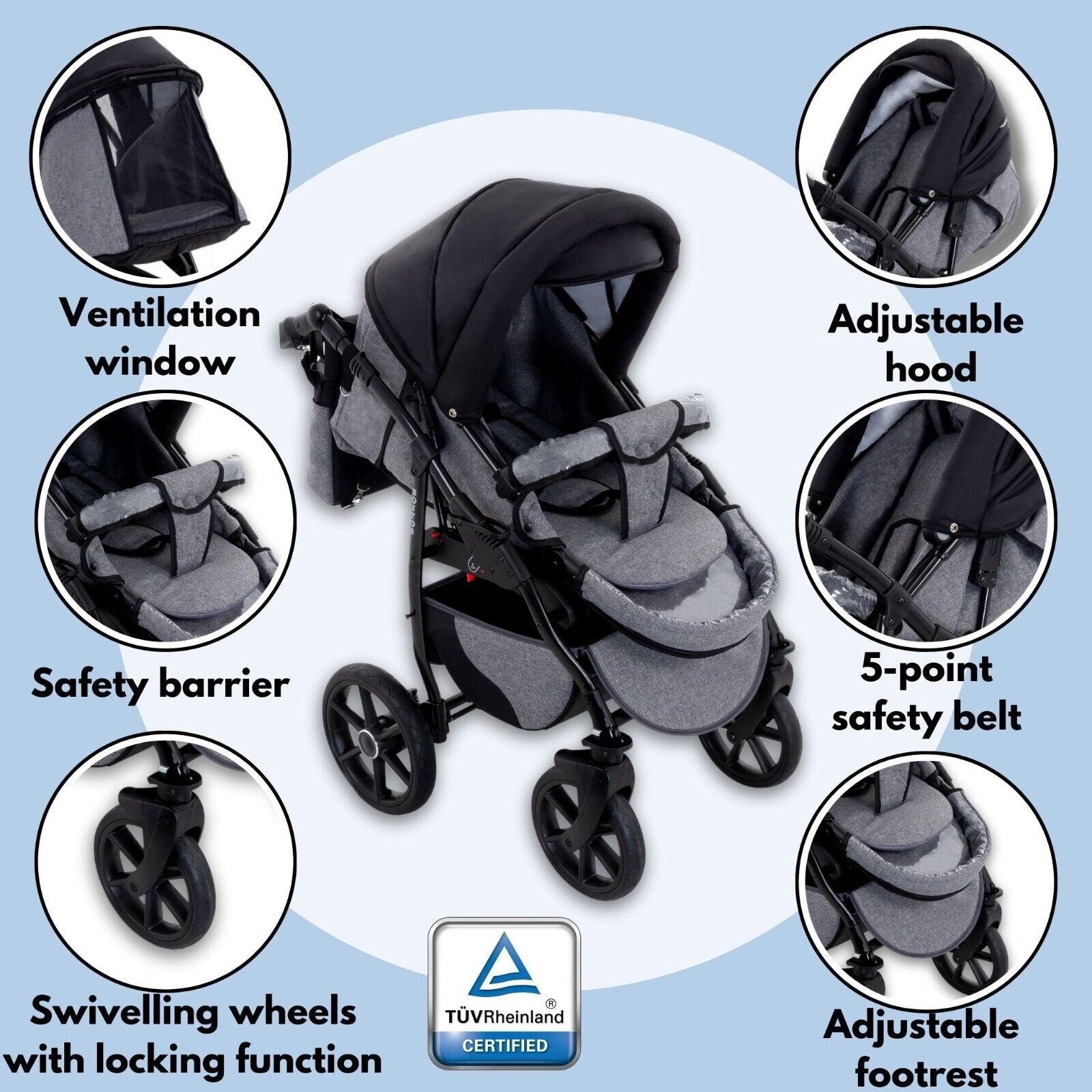 Gagadumi Boston 3-In-1 Pram Travel System - Lightweight Foldable Baby Pushchair