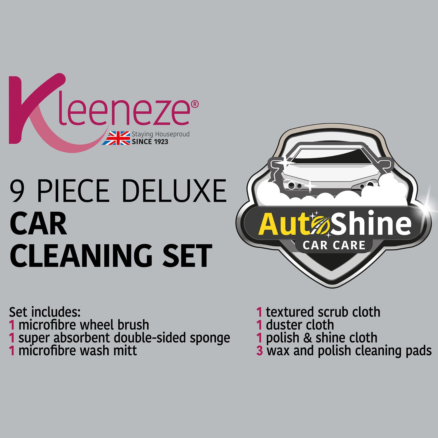 Kleeneze Car Cleaning Set 9 Piece Interior Exterior Sponges Cloths Brush Mitt