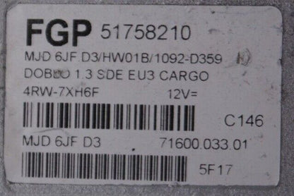 ECU FIAT DOBLO 51758210 MJD6JF.D3/HW01B SELFCODING .VIRGIN,