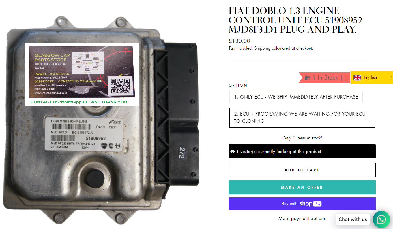 FIAT DOBLO 1.3 ENGINE CONTROL UNIT ECU 51908952 MJD8F3.D1 PLUG AND PLAY.