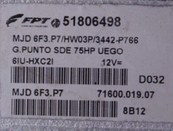 ECU FIAT GRANDE PUNTO 51806498 MJD 6F3.P7 HW03P PLUG AND PLAY SELF-CODING.