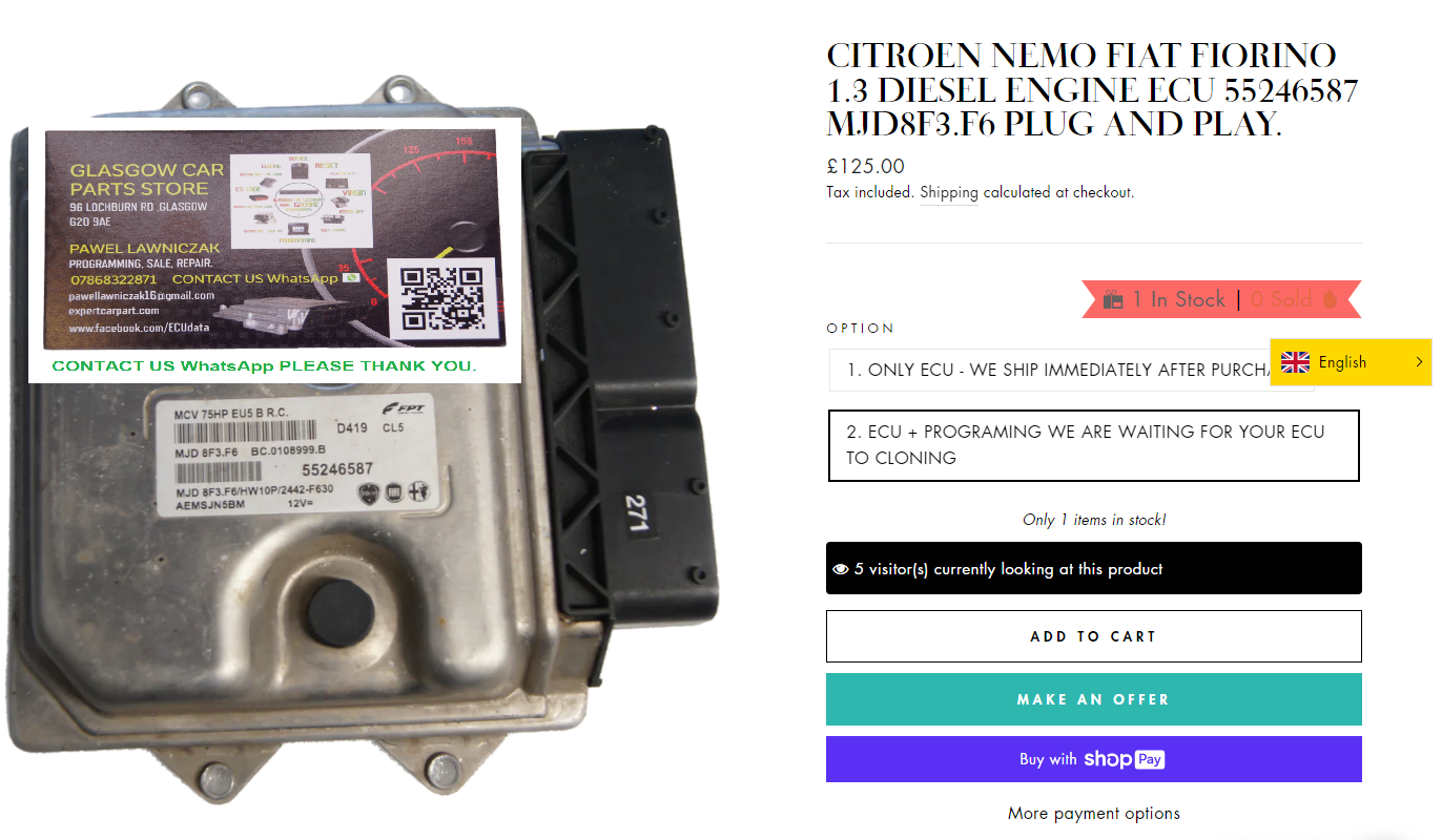 CITROEN NEMO FIAT FIORINO 1.3 DIESEL ENGINE ECU 55246587 MJD8F3.F6 PLUG AND PLAY