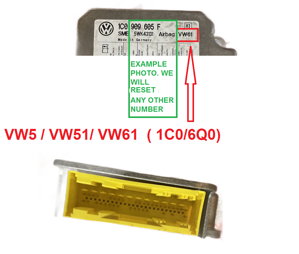 Service Reset  AIRBAG module VW SKODA AUDI SEAT WV5  VW51 VW61  1C0/6Q0