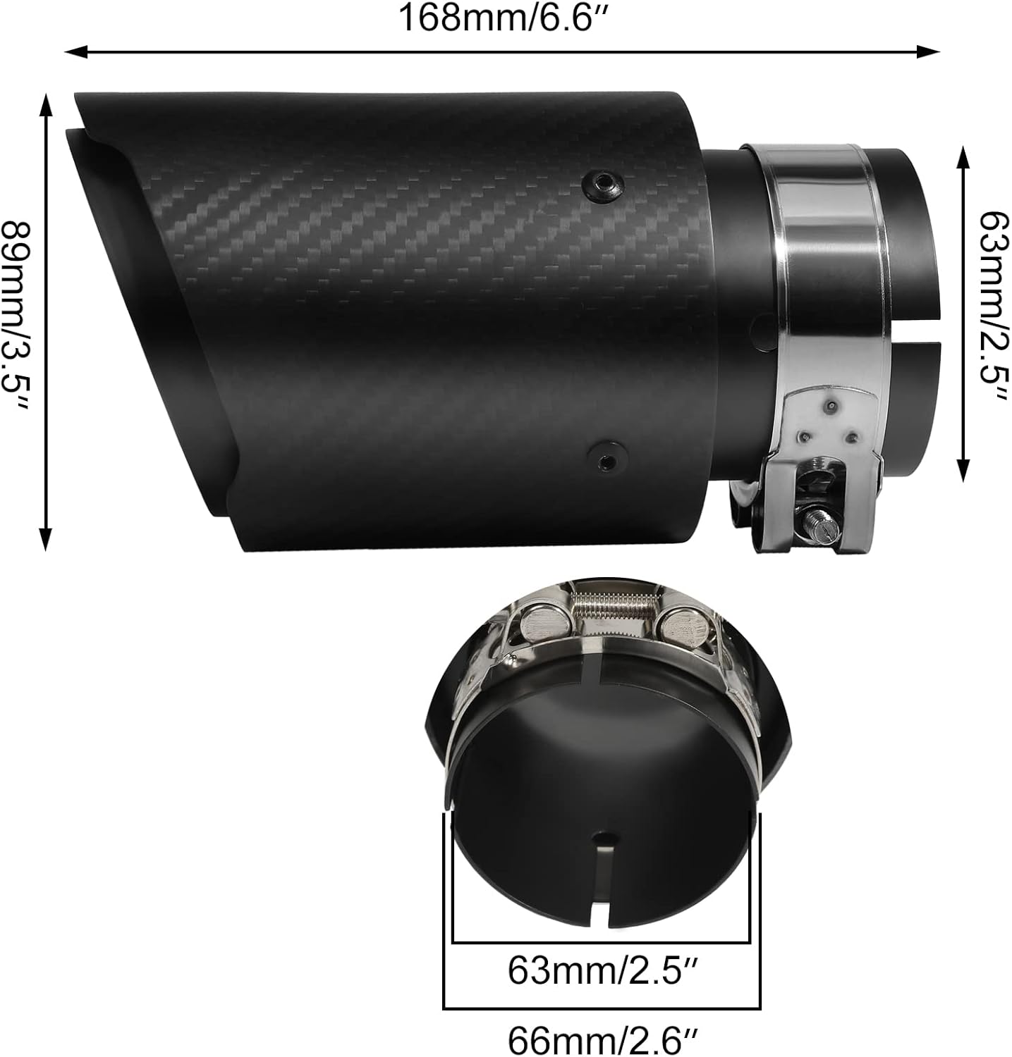 Stainless Steel and Glossy Carbon Fiber Exhaust Tips - 63mm Inlet and 89mm Outlet (Matte Black Finish)