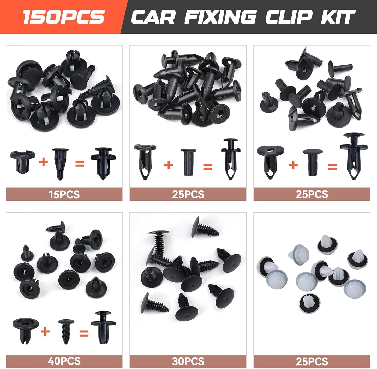 Car Retainer Clips,  155Pcs Car Plastic Mounting Set, 6 Sizes Bumper Mounting Clips Kit, Body Universal Auto Car and Door Trim Panel Clips, Nylon Bumper Push Retainers