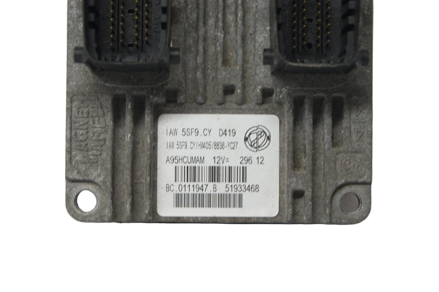 Electronic module with a label on a white background ECU
