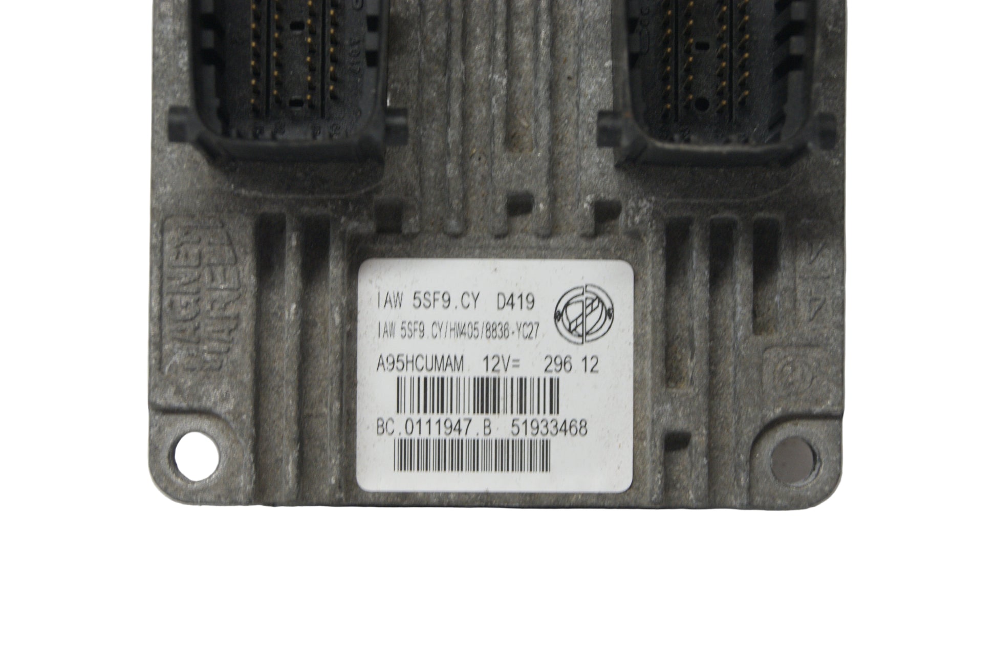 Electronic module with a label on a white background ECU