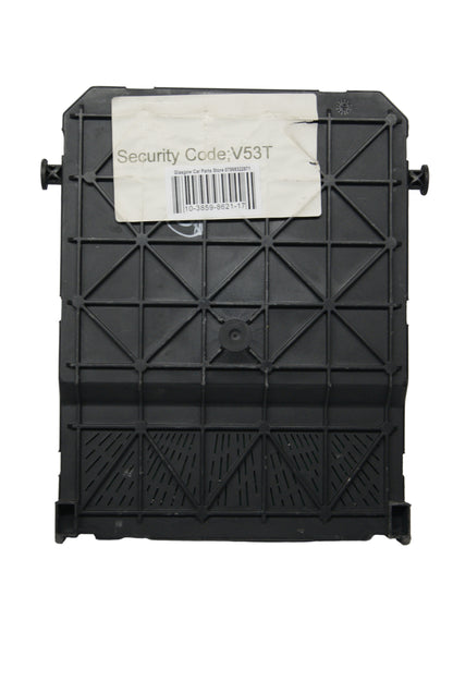Black plastic component with a barcode label on a white background
