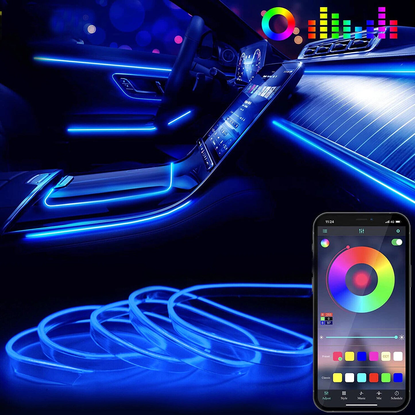 Neon LED Light Trim Glow Optic Fiber Strip Car Interior Ambient Lighting Kit APP