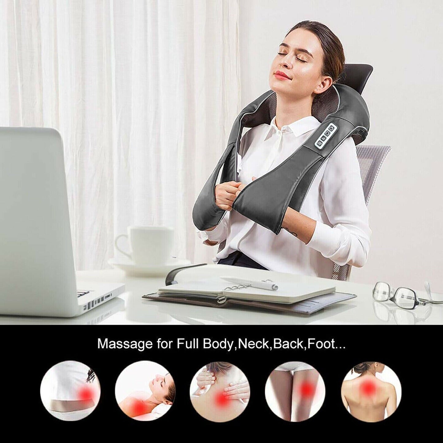 Electric Shiatsu Back Neck Shoulder Massager with Heat Kneading Body Car Home UK