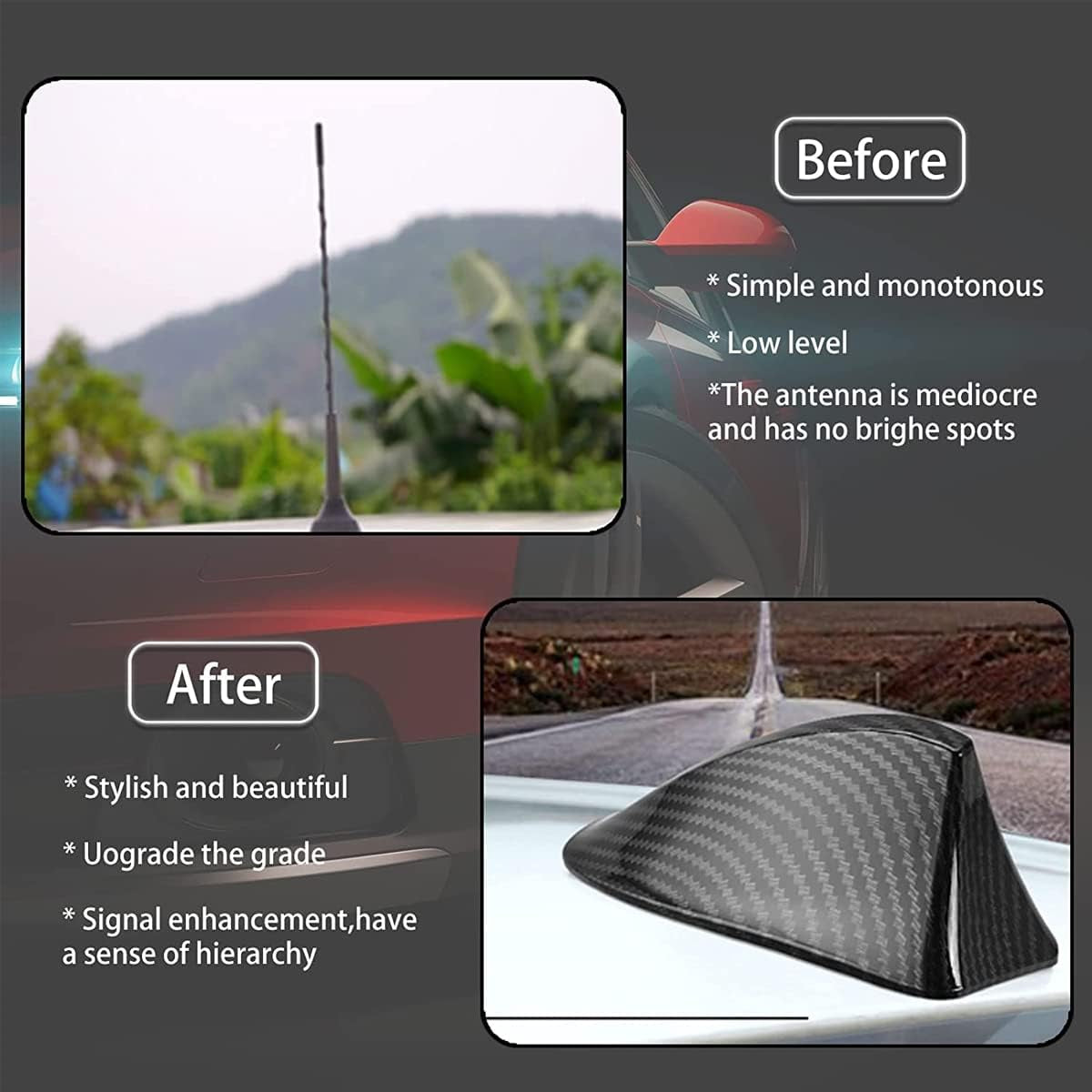 Universal Carbon Fibre Car Shark Fin Roof Car Antenna Radio FM/AM Decor Signal Aerial Perfect Replacement Part for Auto SUV Truck Van with Adhesive