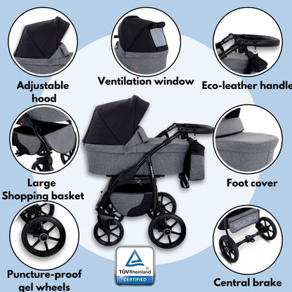 Gagadumi Boston 3-In-1 Pram Travel System - Lightweight Foldable Baby Pushchair